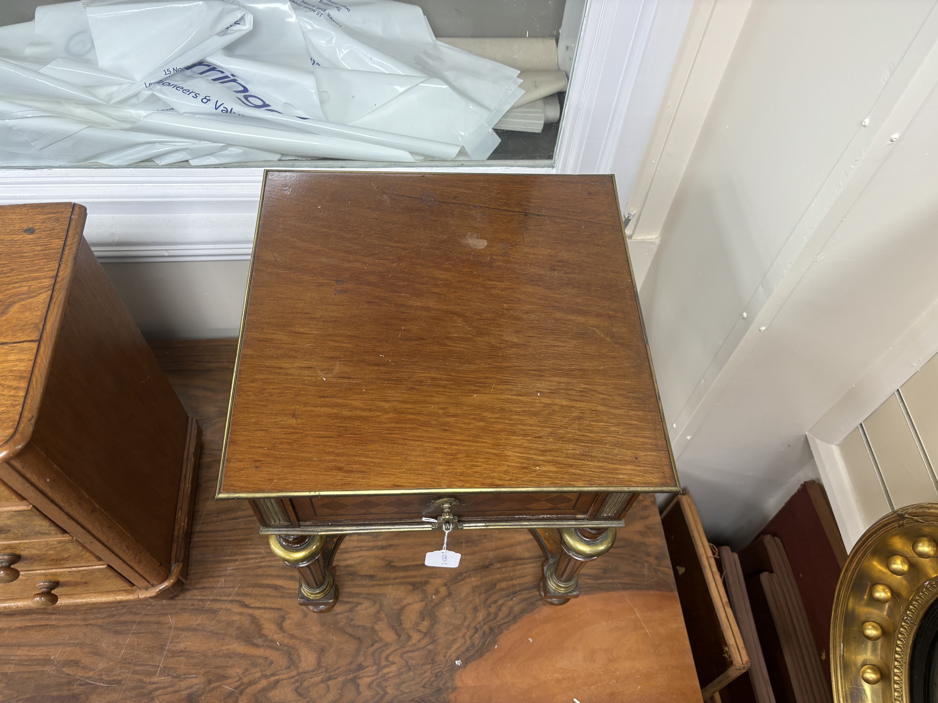 A French brass mounted mahogany low table, width 40cm, depth 40cm, height 52cm